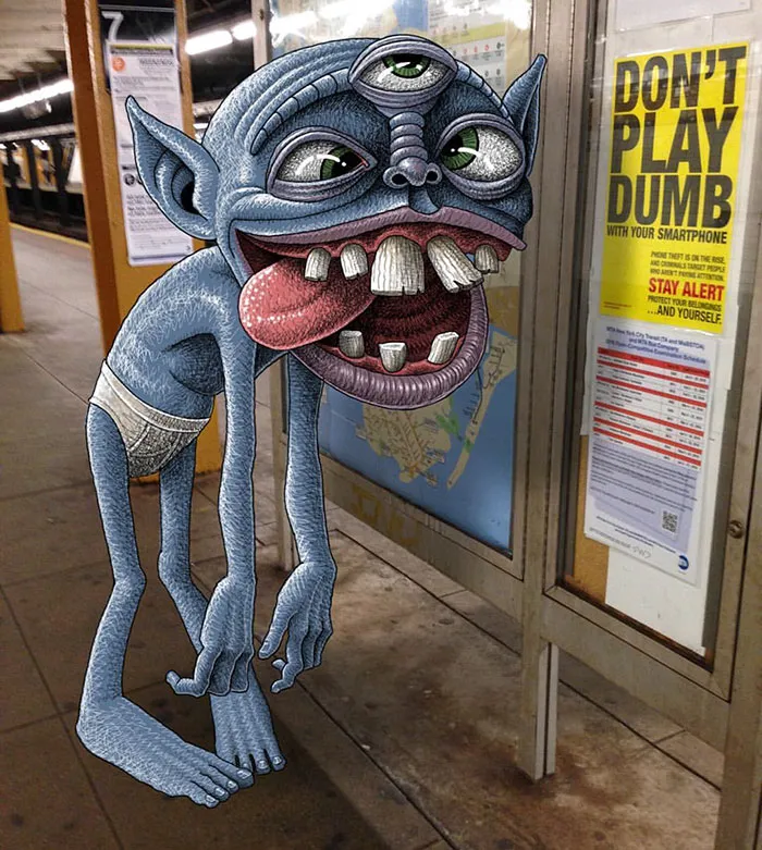 Artist Adds Monsters Next To Strangers On The Subway