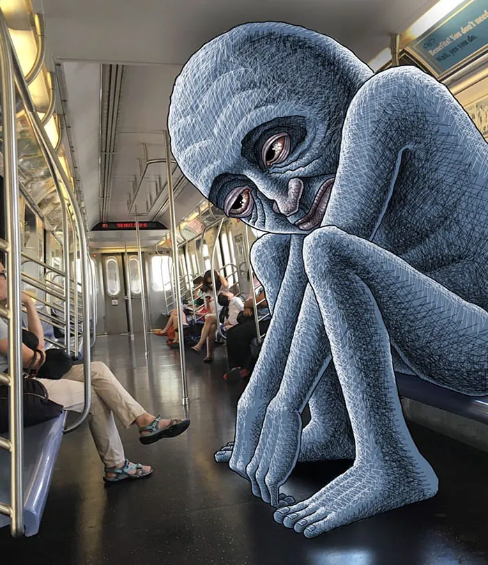 Artist Adds Monsters Next To Strangers On The Subway