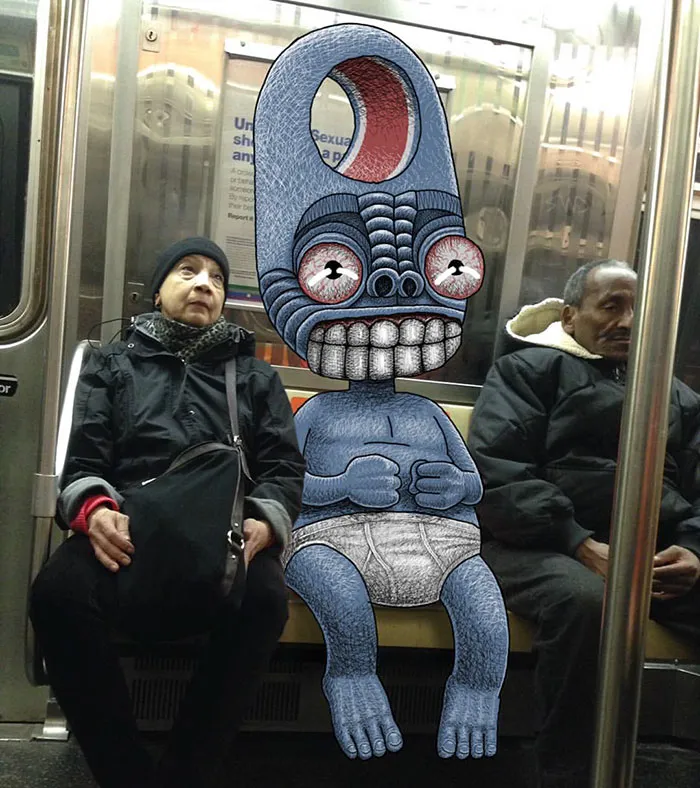 Artist Adds Monsters Next To Strangers On The Subway