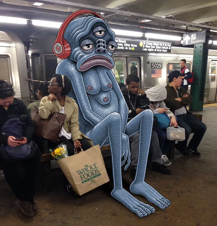 Artist Adds Monsters Next To Strangers On The Subway