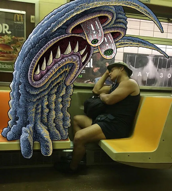 Artist Adds Monsters Next To Strangers On The Subway