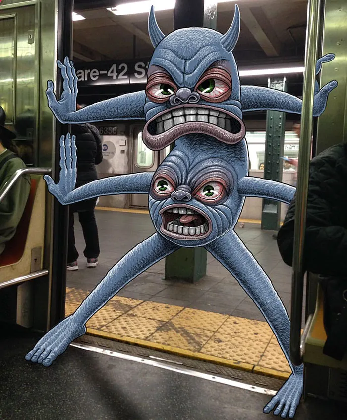 Artist Adds Monsters Next To Strangers On The Subway