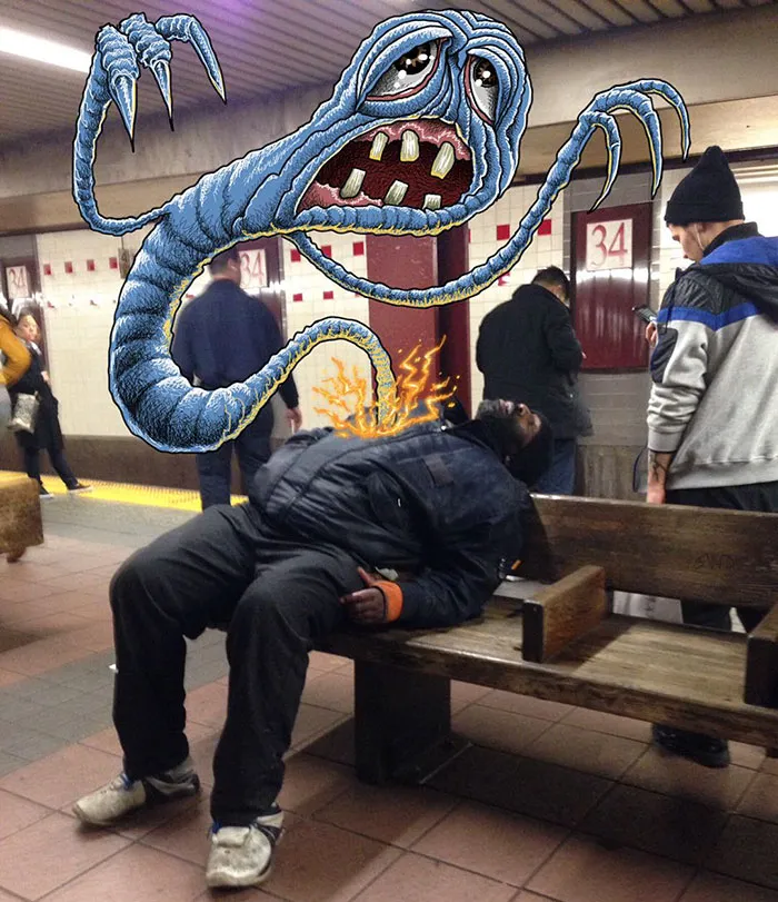 Artist Adds Monsters Next To Strangers On The Subway