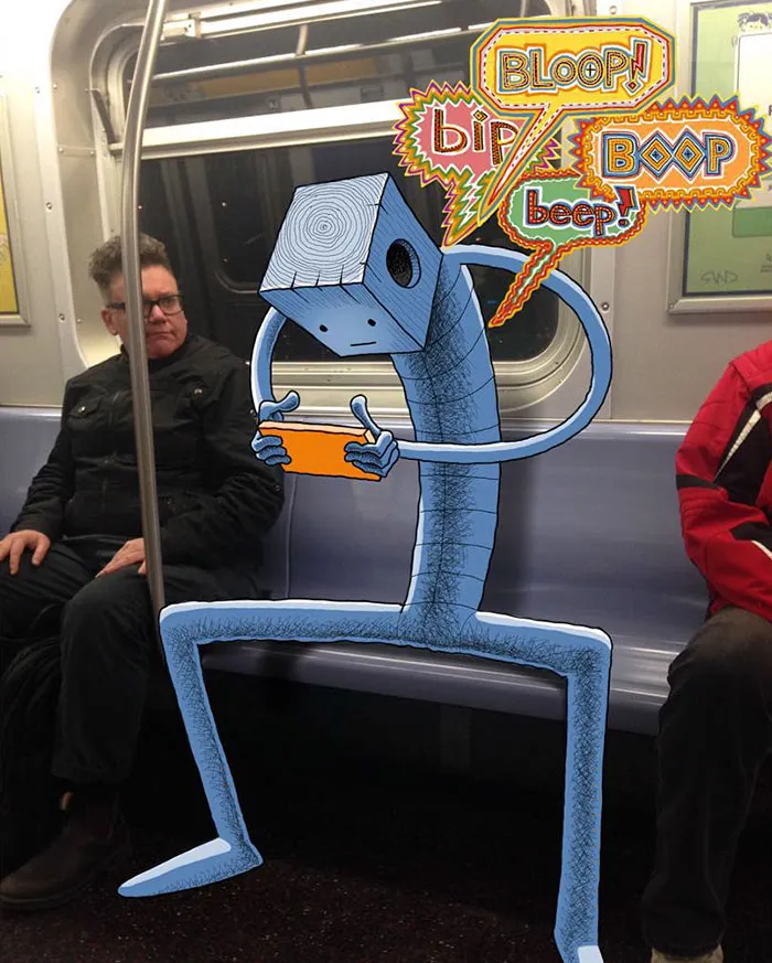 Artist Adds Monsters Next To Strangers On The Subway