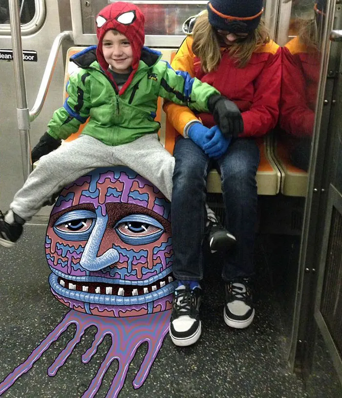 Artist Adds Monsters Next To Strangers On The Subway