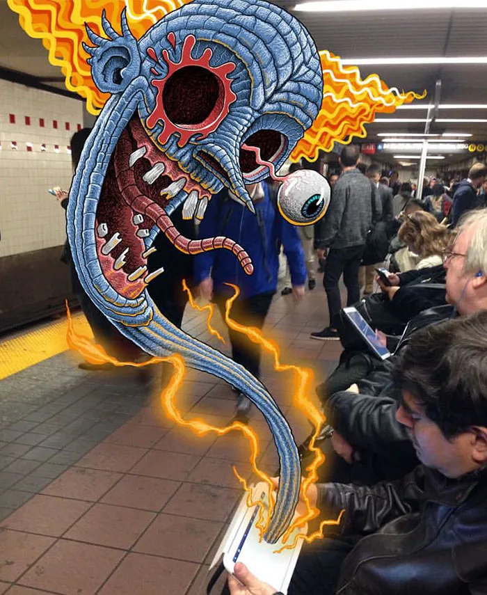 Artist Adds Monsters Next To Strangers On The Subway