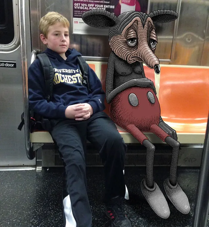 Artist Adds Monsters Next To Strangers On The Subway