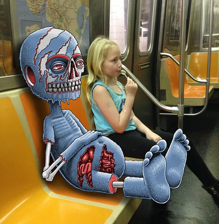 Artist Adds Monsters Next To Strangers On The Subway