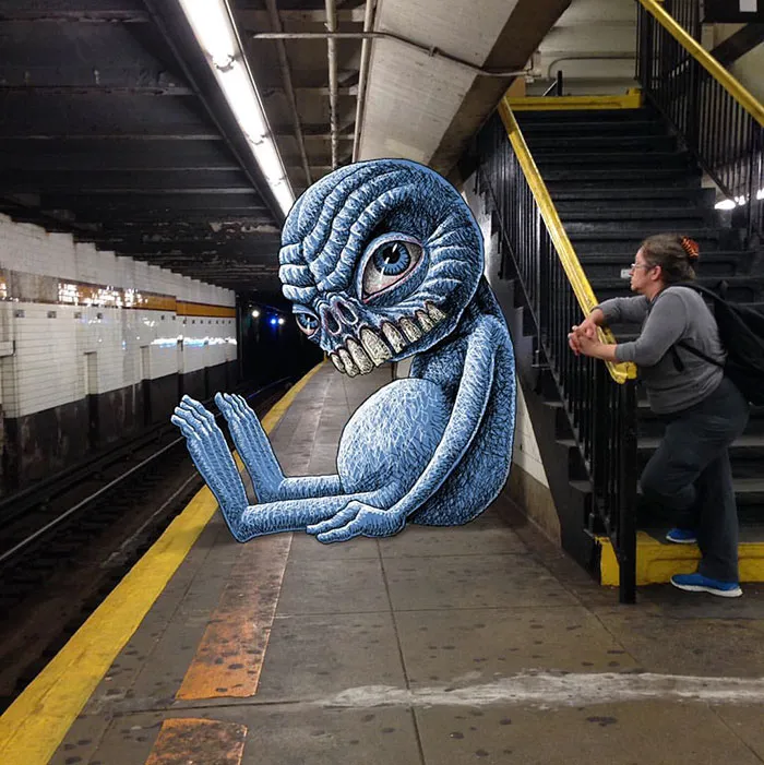 Artist Adds Monsters Next To Strangers On The Subway