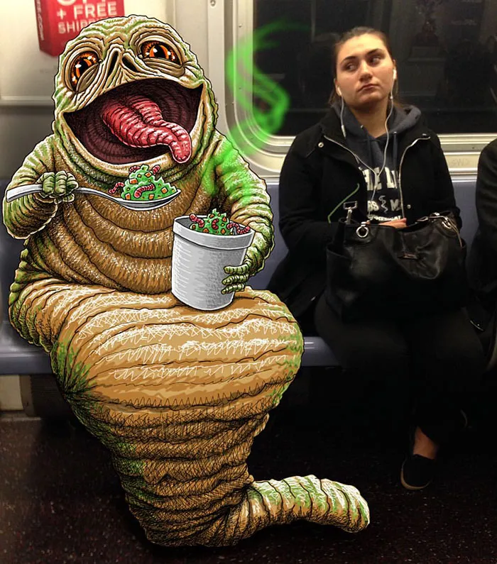 Artist Adds Monsters Next To Strangers On The Subway