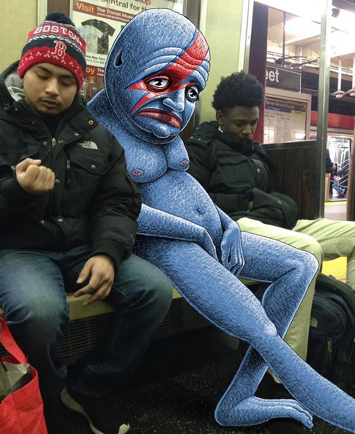 Artist Adds Monsters Next To Strangers On The Subway