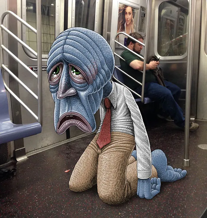 Artist Adds Monsters Next To Strangers On The Subway