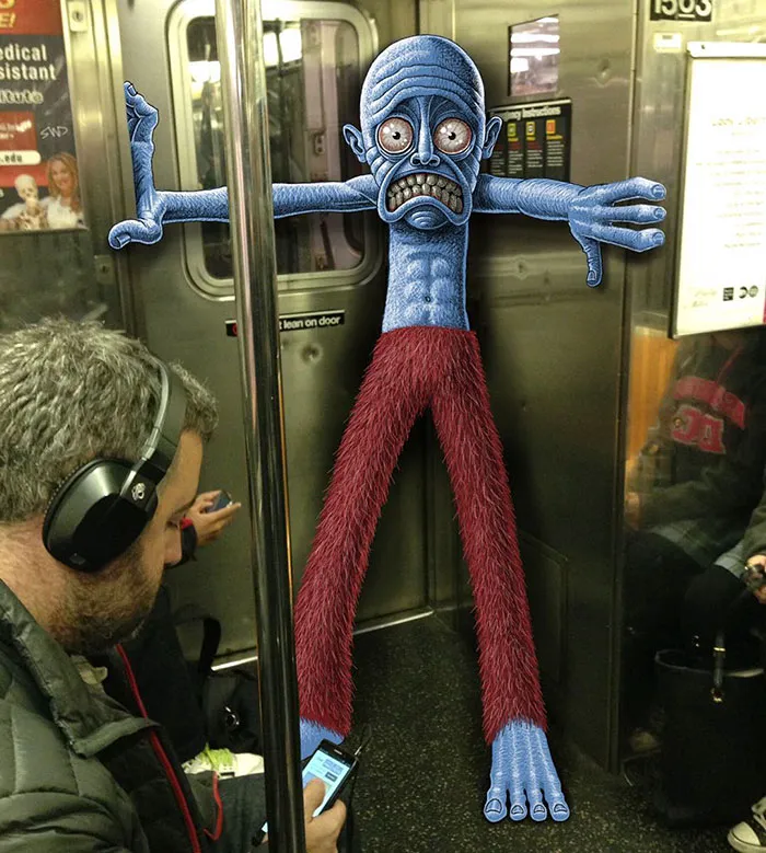 Artist Adds Monsters Next To Strangers On The Subway
