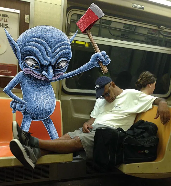 Artist Adds Monsters Next To Strangers On The Subway
