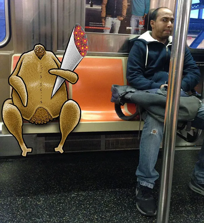 Artist Adds Monsters Next To Strangers On The Subway