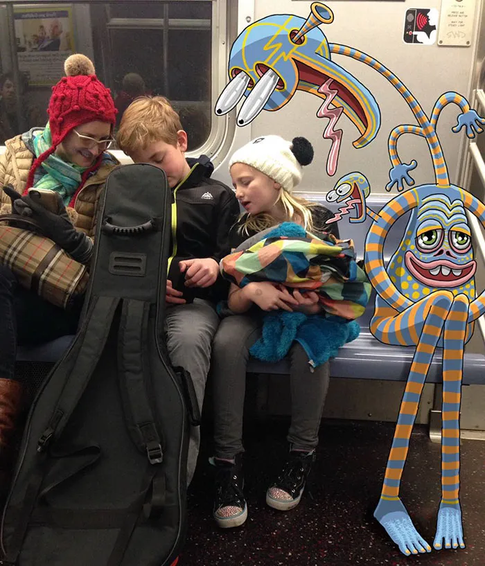 Artist Adds Monsters Next To Strangers On The Subway