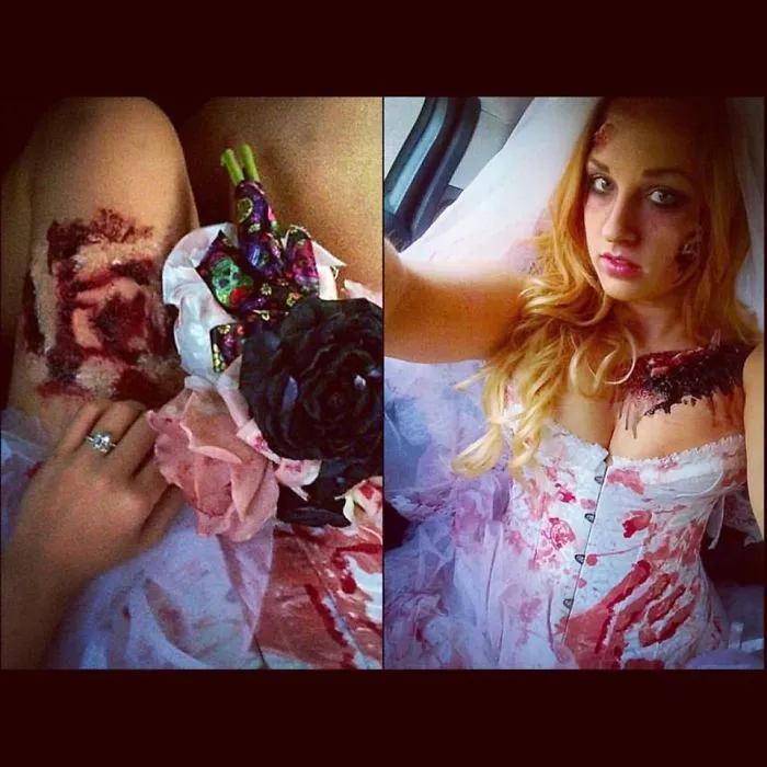 A woman dressed in a bloody bride dress featuring gory special effects for creative Halloween costume ideas