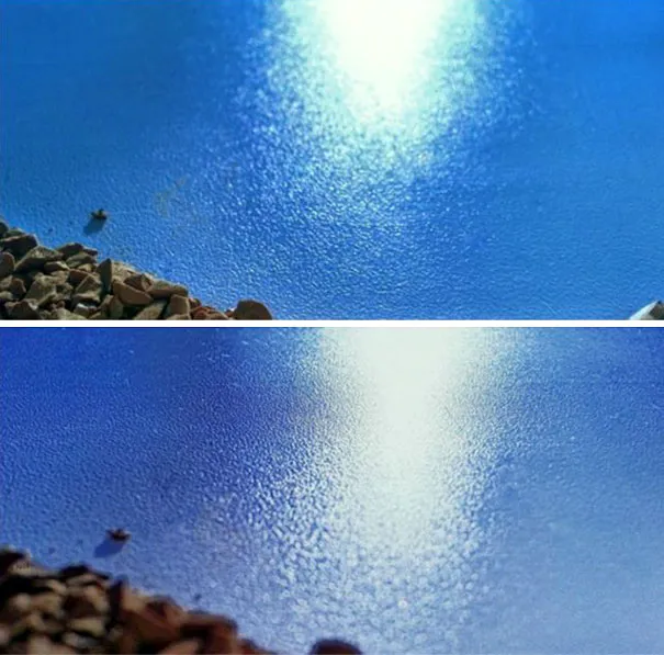 Photography illusion: water surface turns out to be blue-painted gravel under bright lighting in side-by-side comparison.