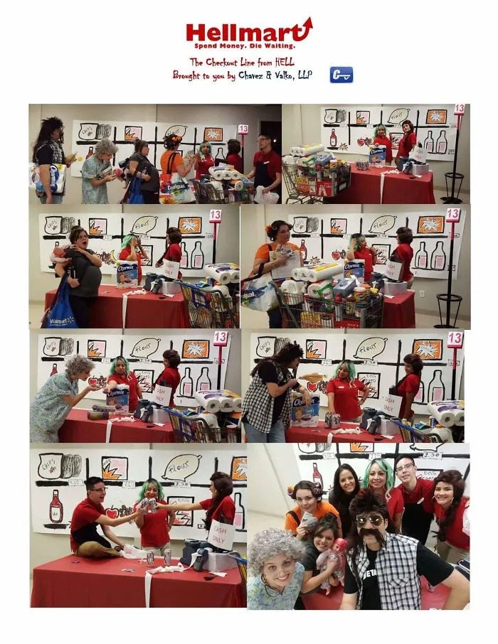 A group dressed up for a humorous Hellmart theme representing creative Halloween costume ideas