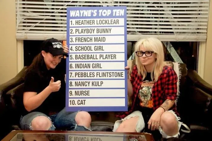 Two women holding a Wayne Top Ten list board for creative Halloween costume ideas