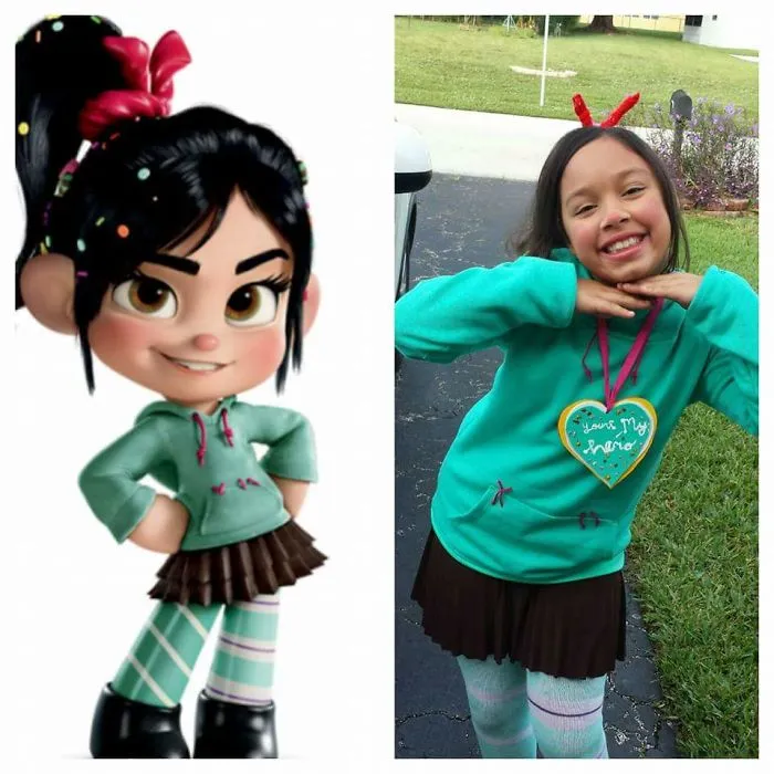 Girl wearing a Vanellope von Schweetz outfit for creative Halloween costume ideas