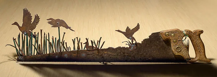 A Quiet Pond Scene Using The Tines From A Green Leaf Rake And Vintage Square Nails For The Cat Tails