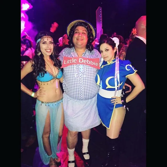 Three people in humorous cosplay as creative Halloween costume ideas