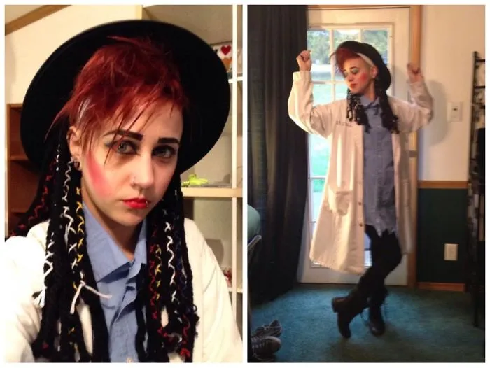 Person dressed in an 80s Boy George outfit representing creative Halloween costume ideas.