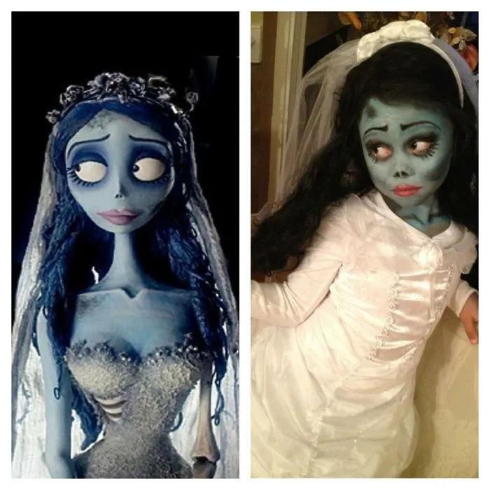 A young girl in a Corpse Bride dress and makeup representing creative Halloween costume ideas