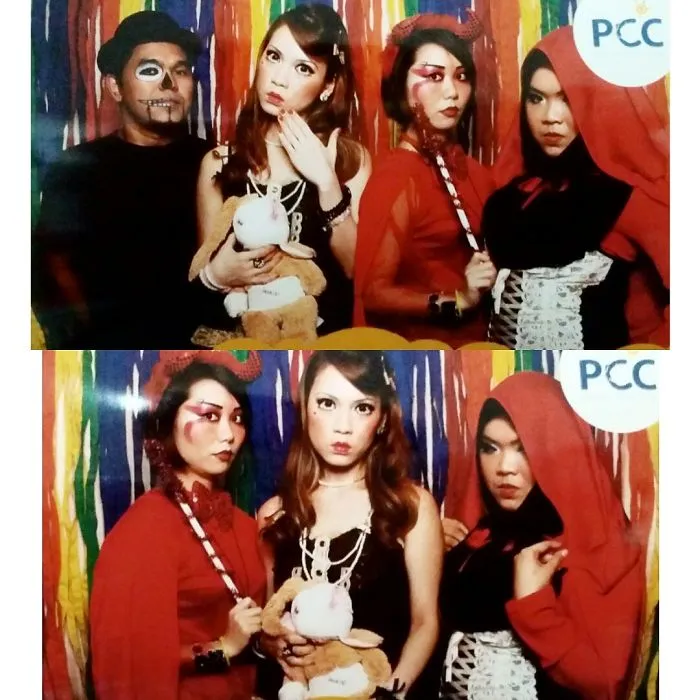 Group posing together in photo booth strips showing creative Halloween costume ideas