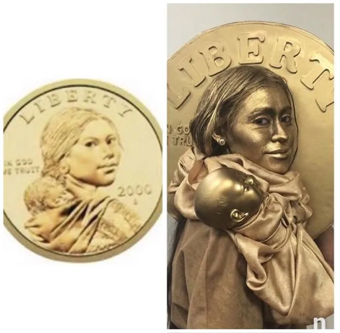 A woman in gold body paint as a Sacagawea coin for creative Halloween costume ideas