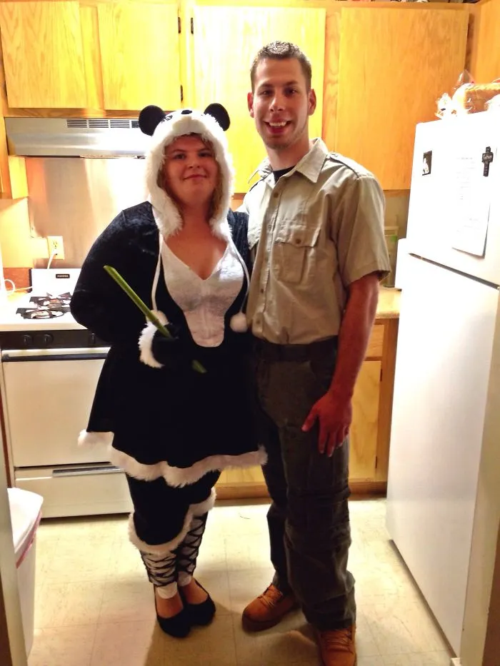 Couple in panda and zookeeper outfits showing creative Halloween costume ideas