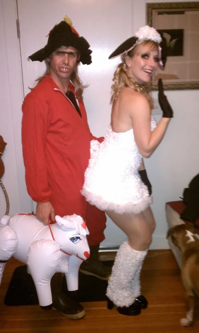Couple dressed in a shepherd and sheep outfit showcasing creative Halloween costume ideas.