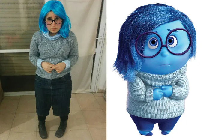 Woman dressed as Sadness from Inside Out showcasing creative Halloween costume ideas.