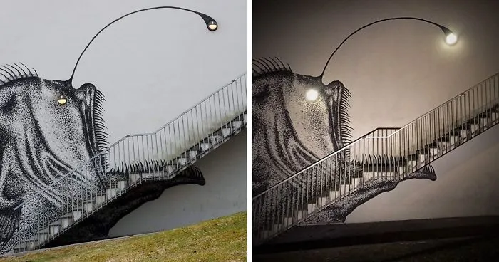 Street Artist Turns Boring Stairs Into Nightmarish Anglerfish