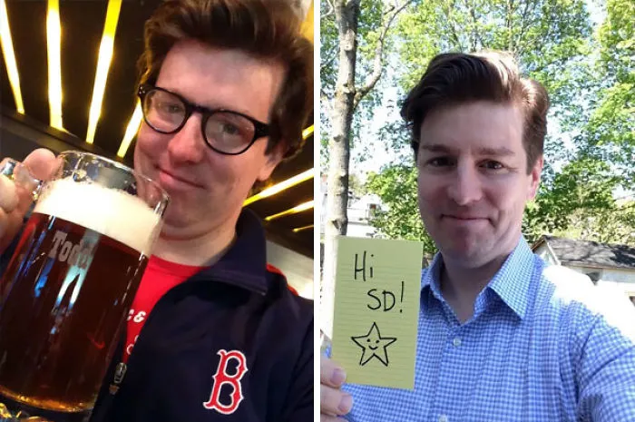 Before-and-after transformation showing impact of stopping drinking, with a man holding a beer mug and then a note outdoors.