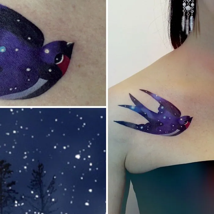Small bird tattoo with a galaxy theme on a person's shoulder.