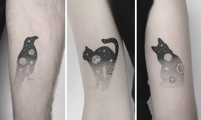 Tattoo designs of a bird and cat with celestial patterns, perfect for inkspiration with small bird tattoo ideas.