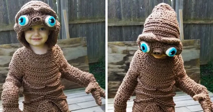 Mom Crochets E.T. Costume For Her Son, And Does It Freehand!