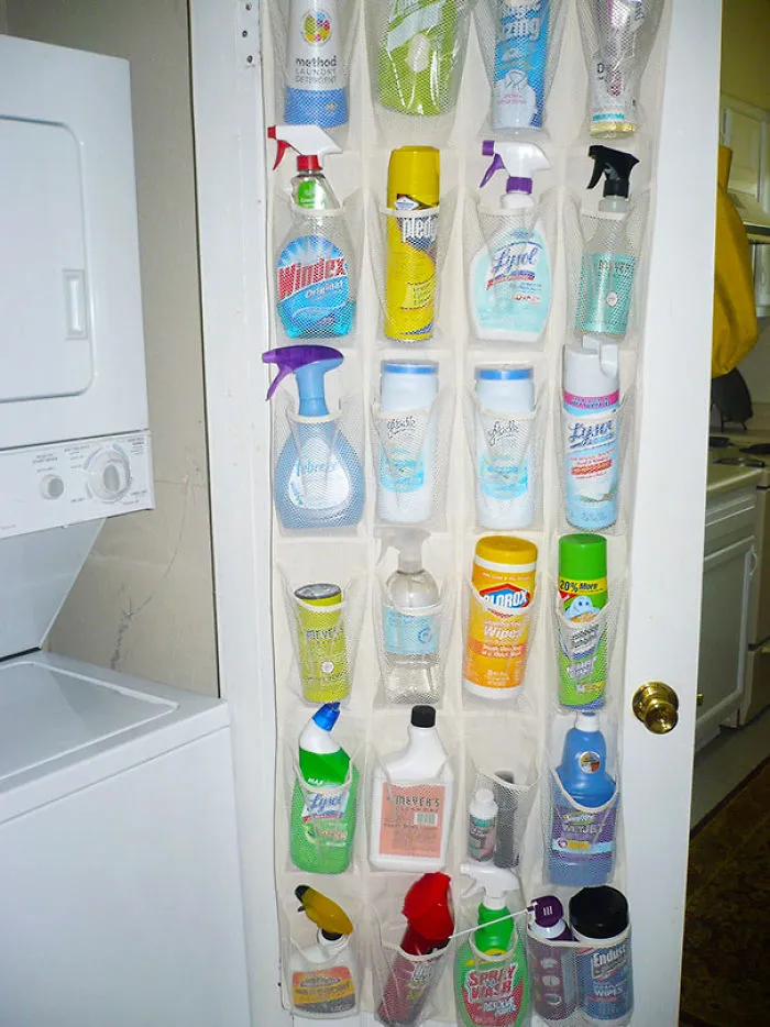 Use A Hanging Shoe Rack To Store Cleaning Supplies And Keep Them Away From Children