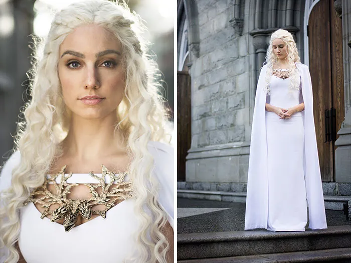 Woman dressed as Daenerys Targaryen in a white dress, displaying creative Halloween costume ideas.
