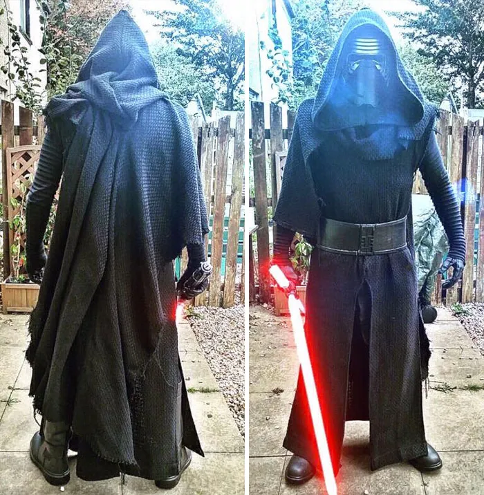 Front and back view of a person dressed in a Kylo Ren costume for creative Halloween costume ideas.