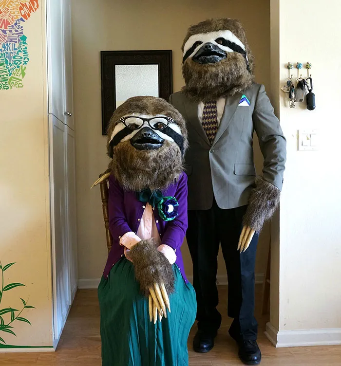 Couple dressed up in detailed sloth costumes showcasing creative Halloween costume ideas.