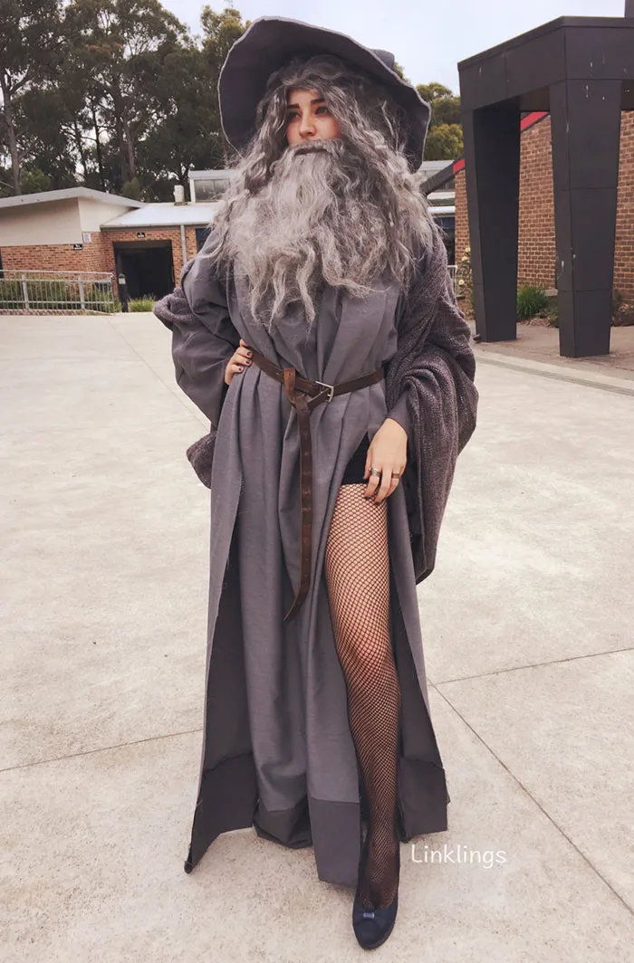 Person dressed as Gandalf with a long beard and fishnet tights, a creative Halloween costume idea.