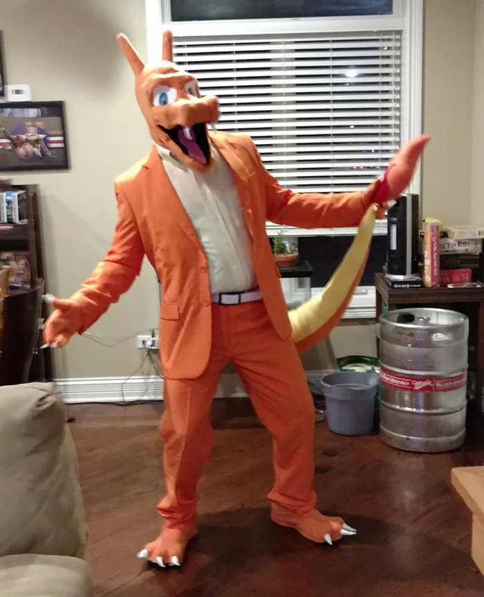 Person in an orange Charizard suit displaying creative Halloween costume ideas