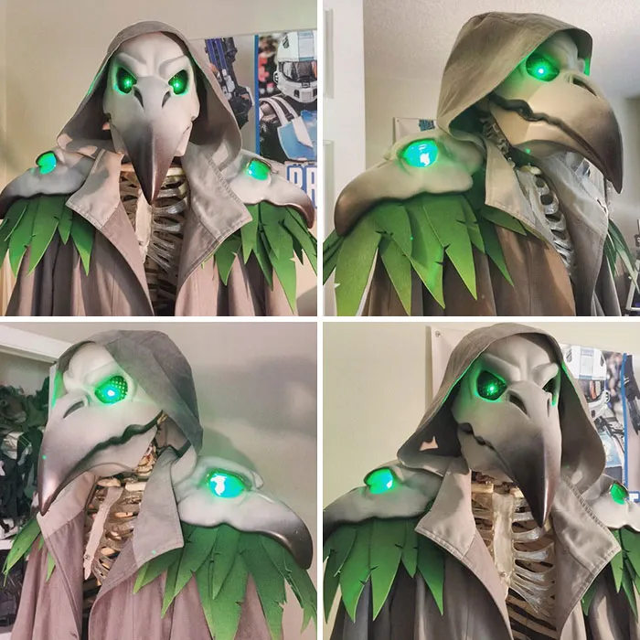 Four views of a glowing green plague doctor plague mask showing creative Halloween costume ideas