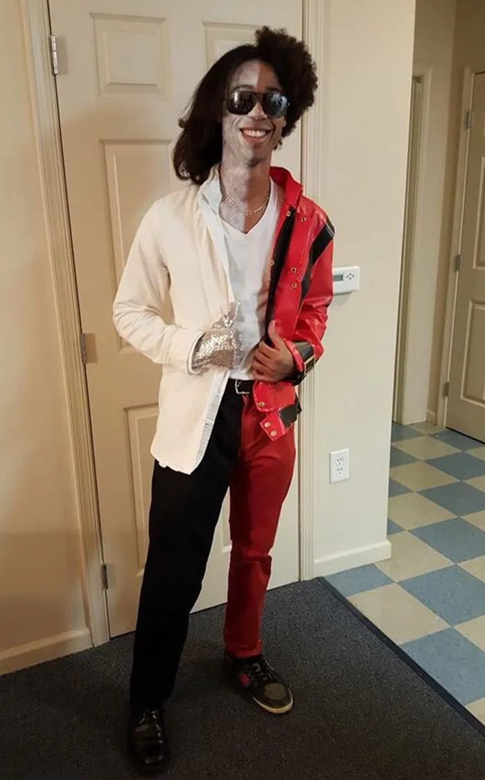 Person split in half wearing two different Michael Jackson outfits as a creative Halloween costume idea
