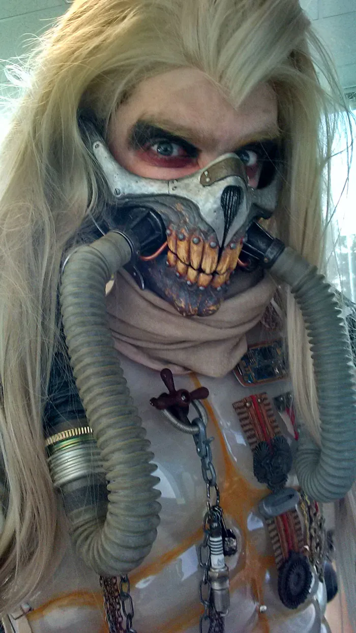 A detailed Immortan Joe mask cosplay providing a creative Halloween costume idea.