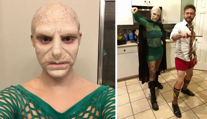 Creative Halloween costume featuring detailed Voldemort prosthetic makeup and a green mesh outfit.