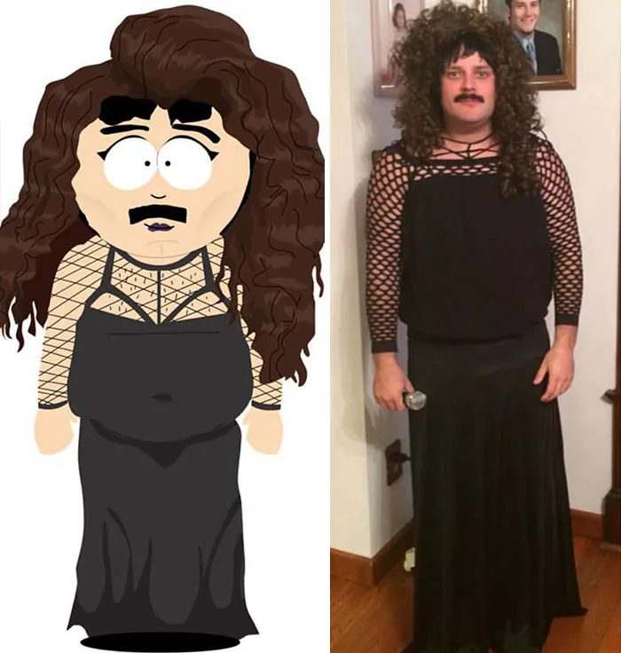 Man dressed in Lorde South Park outfit next to character image, an original Halloween costume idea.